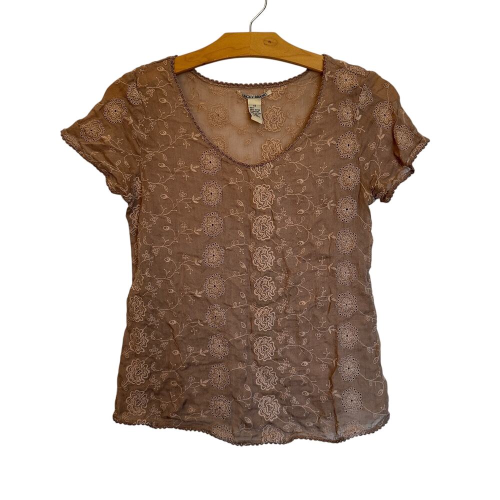 Y2K Lucky Brand Mesh Floral Top Tan Brown Short Sleeve Embroidered Fairy Size XS